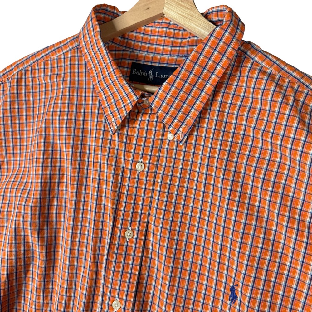 Ralph Lauren Mens 3XLT Tall Short Sleeve Plaid Button Down Shirt Orange Blue
